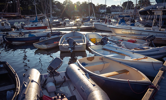 Skiffs and small boats at mooring in Camden harbor while the glowing sun rises in the background. The water and atmosphere is calm while the boats wait for their fishermen.
