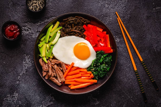 istock Traditional Korean dish Bibimbap: rice with vegetables beef and egg. 1642634167
