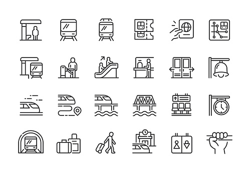 Set of train station line vector icons. Editable stroke.