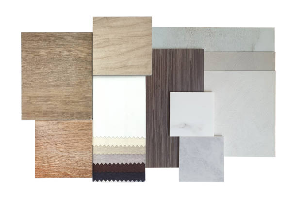 istock group of interior material samples including blackout drapery fabric catalog, wooden ceramic tiles, walnut veneer, concrete laminates, stone tiles isolated on background with clipping path. 1642663224