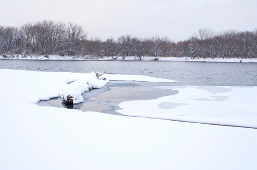 Mississippi River at Kaposia Landing park in South Saint Paul Minnesota in winter