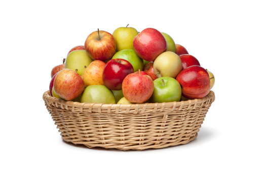 Basket full with different types of apples full frame