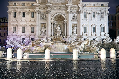 Trevi Fountain at night with blurred people at the side
