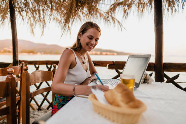 istock Smiling young woman writing and using a laptop in a seaside restaurant 1642783434