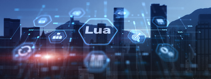 Lua Programming Language. Scripting programming language City Background.