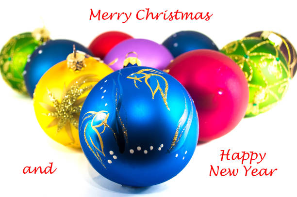 Christmas balls closeup isolated on white background. Postcard with Christmas baubles.