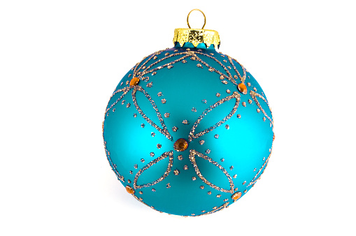 Turquoise Christmas ball closeup isolated on white background