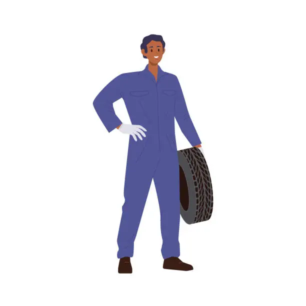 Vector illustration of Male auto mechanic cartoon character holding car tire standing isolated on white background