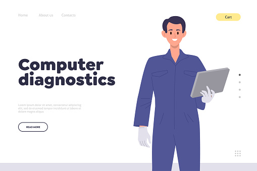 Computer diagnostics car repair shop garage service advertising landing page template. Website vector illustration with auto mechanic using digital device pp for vehicle spare parts scanning and test