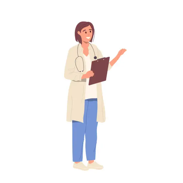 Vector illustration of Friendly smiling woman doctor in uniform with stethoscope holding patient card clipboard on white