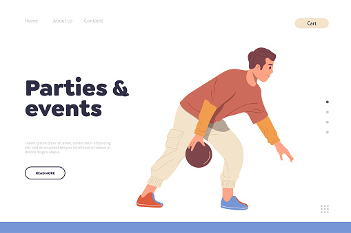 Parties and event landing page design website template with man cartoon character playing bowling. Web banner advertising game zone for young people fun time spending entertainment on weekend