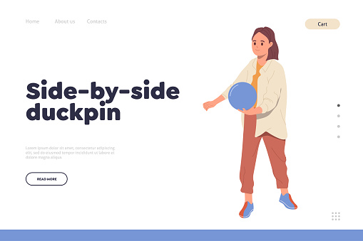Side-by-side duckpin concept for landing page template offering bowling club leisure recreation entertainment. Website vector illustration for sports online service with happy woman bowler design