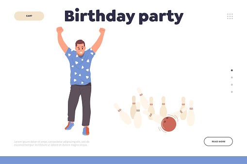 Birthday party at bowling club game zone organization landing page design website template. Vector illustration of web banner with happy man bowler cartoon character celebrating strike score