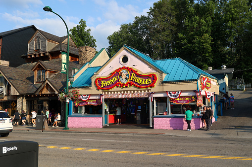 Gatlinburg, Tennessee, USA - August 1, 2023:   A view of the exterior of the Fannie  Farkles restaurant in downtown Gatlinburg, Tennessee on the Parkway