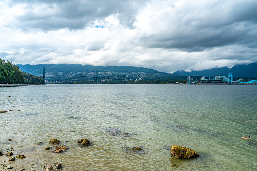 The view of Stanley Park and Lions Gate Bridge, Vancouver, Canada.