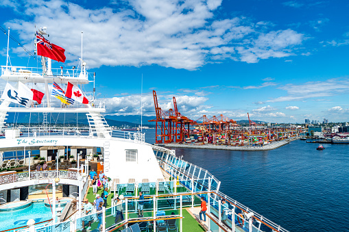 Panoramic aerial view of Vancouver Centerm Terminal - Container port terminal at sunset, Canada