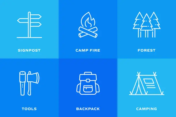 Vector illustration of CAMPING AND OUTDOOR RECREATION Related Vector Thin Line Icons. Outline Symbol Collection