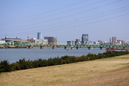 Landscape photo of Shinano River in Japan in spring