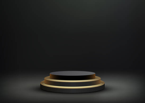 istock 3D realistic empty gold and black cylinder podium stand on dark background modern luxury style 1642905308