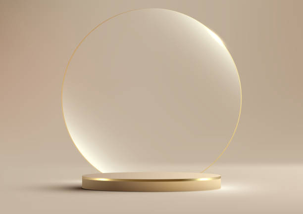 istock 3D realistic luxury style golden podium platform with transparent glass circle backdrop on beige background 1642905324