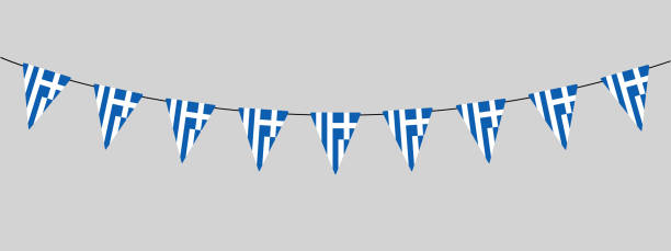 ギリシャのホオジロの花輪、三角形のギリシャ国旗の文字列、ペナント、レトロなスタイルのベクターイラスト - greek flag点のイラスト素材／クリップアート素材／マンガ素材／アイコン素材