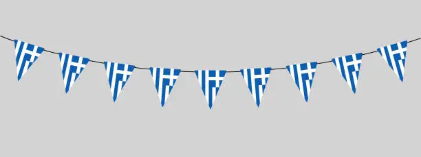 Vector illustration of Greece bunting garland, string of triangular greek flags, pennants, retro style vector illustration