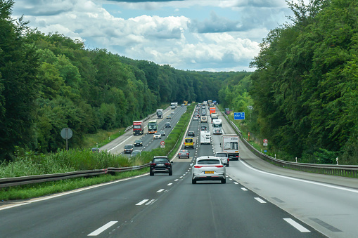 Large road construction site and dense traffic on German highway A3 between Raunheim and Wiesbadener Kreuz