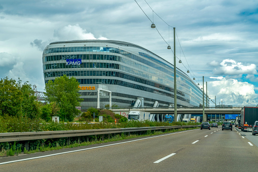 Frankfurt, Germany-August 01, 2023: The Squaire is an office building.  It is on top of an existing train station (Frankfurt Airport long-distance station) near Frankfurt Airport.