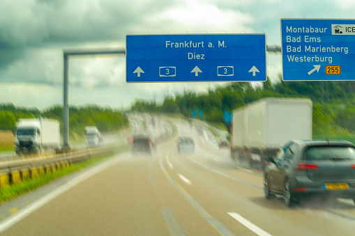 Direction sign on motorway A20 heading to Utrecht and Gouda with junction to A16 at Terbregseplein in the Netherlands