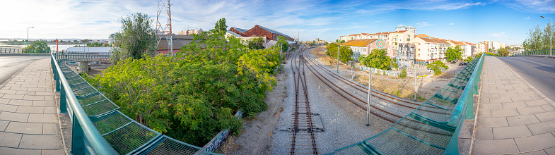 train lines at the entrance to the city of Barreiro seen from the top of the viaduct.