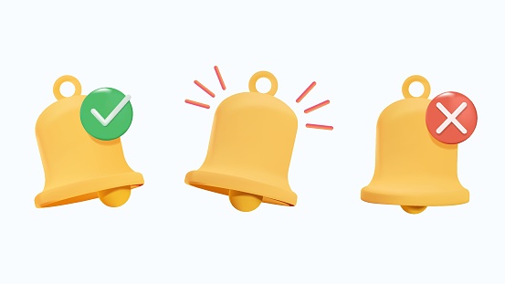 3D notification bell icon set. Vector ringing bell icon and notification sign for alarm clock and smartphone application alert or new message 3D icon. ogo,For your web site design, app, UI vector