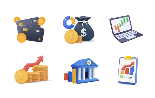 Set of 3D Icons Related to investment strategy, trade service, finance management. 3D UI Pictograms and Infographics Design Elements. Business success