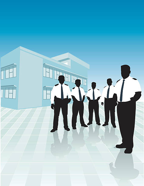 A group of security guard men near a building A group of five persons or security guards in front of a building. prison guard stock illustrations