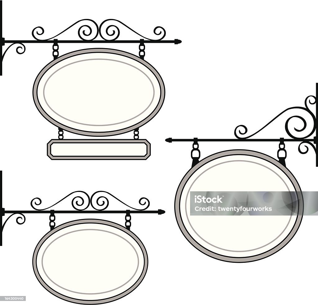 Hanging Signs Three oval hanging signs with iron details. Grouped separately. Very easy to change the colors, size etc Hanging stock vector