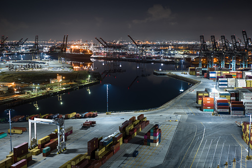 Aerial shot of the Port of Los Angles at night.