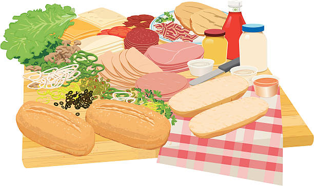 ilustraciones, imágenes clip art, dibujos animados e iconos de stock de delicatessen mesa de picnic sándwiches - sandwich delicatessen bacon lettuce and tomato mayonnaise