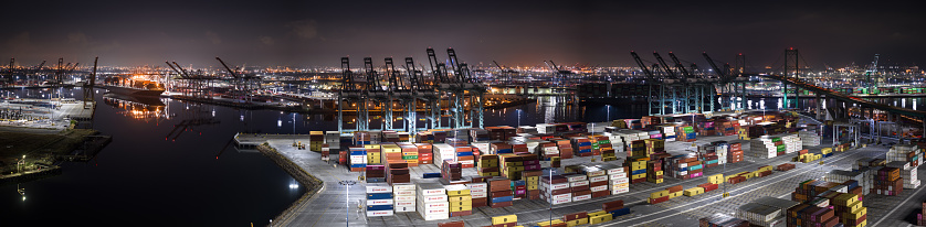 Aerial shot of the Port of Los Angles at night.