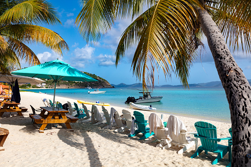 Adirondack chairs on White Bay, Jost Van Dyke, British Virgin Islands