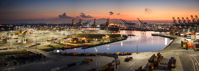 Aerial shot of the Port of Los Angles before sunrise.