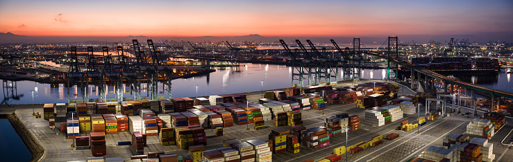 Aerial shot of the Port of Los Angles before sunrise.