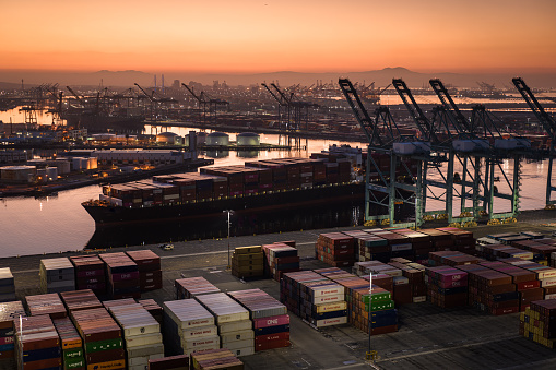 Aerial shot of the Port of Los Angles before sunrise.