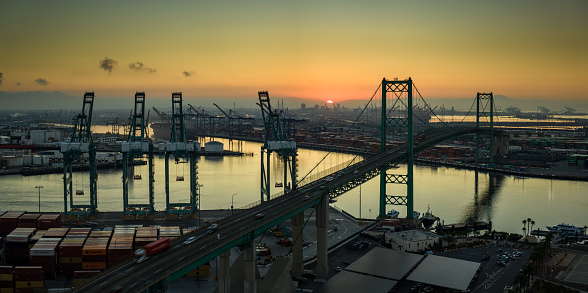 Aerial shot of the Port of Los Angles at sunrise.