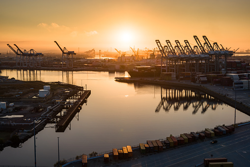 Aerial shot of the Port of Los Angles at sunrise.