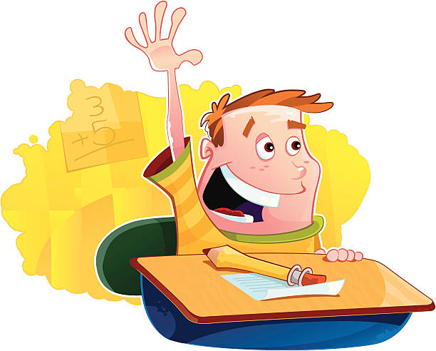 School boy raising his hand vector art illustration