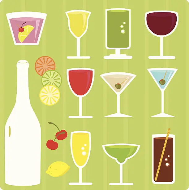 Vector illustration of Alcoholic drinks, cocktails, beverages (Colorful Vector Icons)