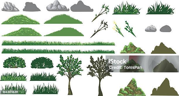 Relva Árvore E Hills Conjunto - Arte vetorial de stock e mais imagens de Arbusto - Arbusto, Relva, Silhueta
