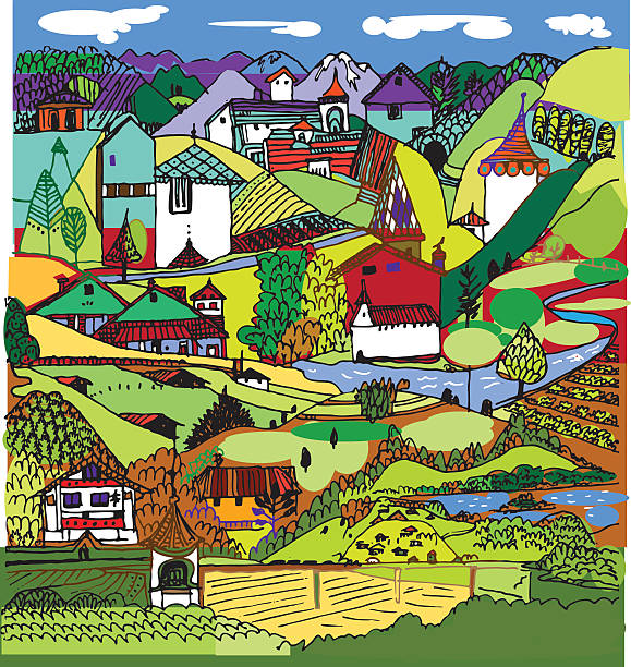 swiss landscape vector art illustration