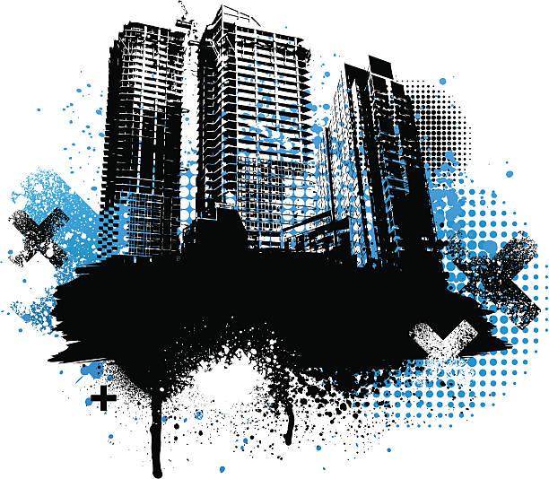 Black city grunge buildings vector art illustration