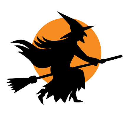 Vector illustration of a witch flying in a broom in front of an orange moon on a white background.