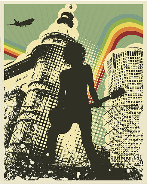 Retro Grunge City Guitar Player Retro Grunge City Guitar Player Vector Illustration bass guitar wallpaper stock illustrations